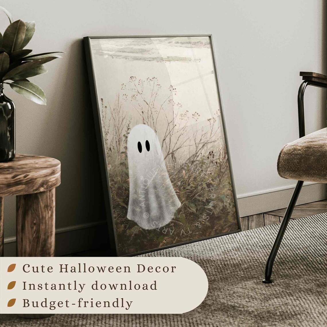 Cute Ghost Autumn Wildflowers Minimalist Neutral Vintage Fall Art Poster - Image 3