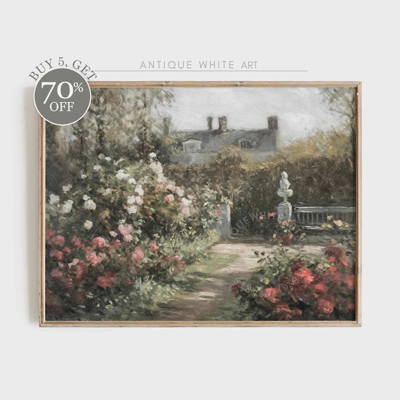 Cottage Rose Garden Vintage Oil Painting Print