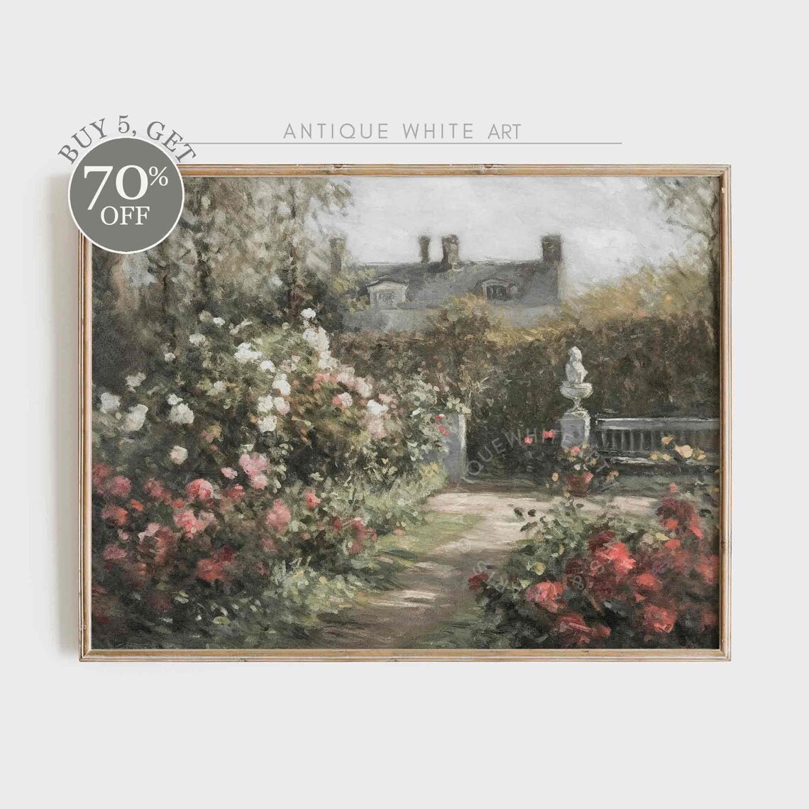 Cottage Rose Garden Vintage Oil Painting Print