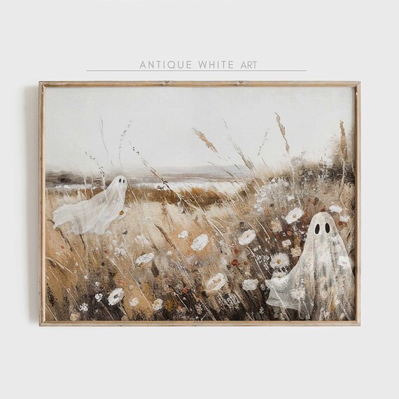 Two Ghosts Daisy Wildflower Field Neutral Vintage Halloween Wall Art Print