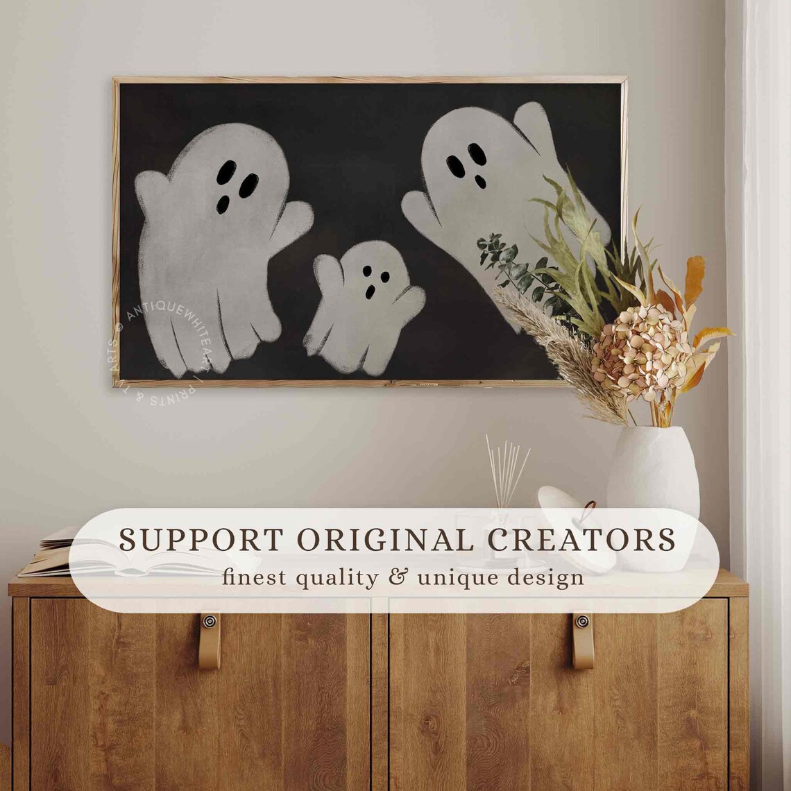 Three Cute White Ghosts Floating On Black Background Playful Halloween Poster - Image 2