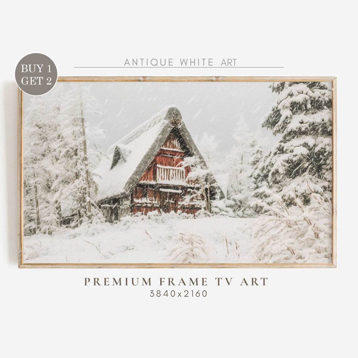 Rustic Red Chalet Buried Snow Winter Forest Christmas Wall Art Print