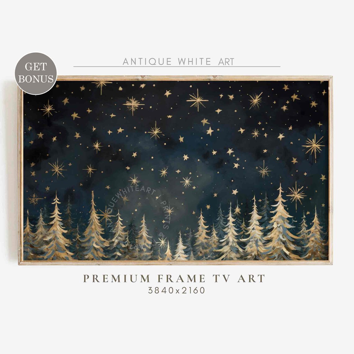 Starry Night Sky Gold Stars Snowy Pine Forest Holiday Wall Art Print