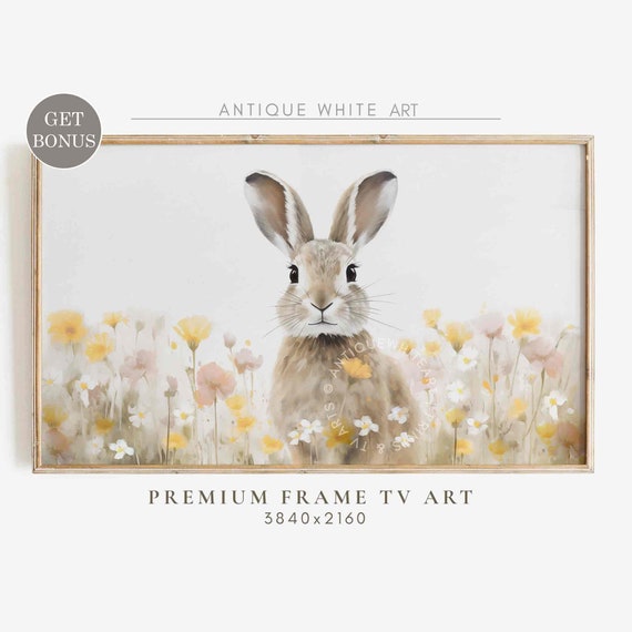 Easter Bunny Frame Tv Art Nursery Art Spring Wildflowers Painting Cute Easter Decor Pastel Rabbit Art Tv Tv309