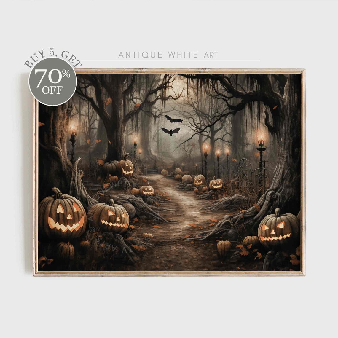 Halloween Spooky Forest With Pumpkins Art Print