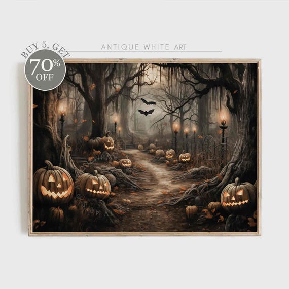 Halloween Spooky Forest With Pumpkins Art Print