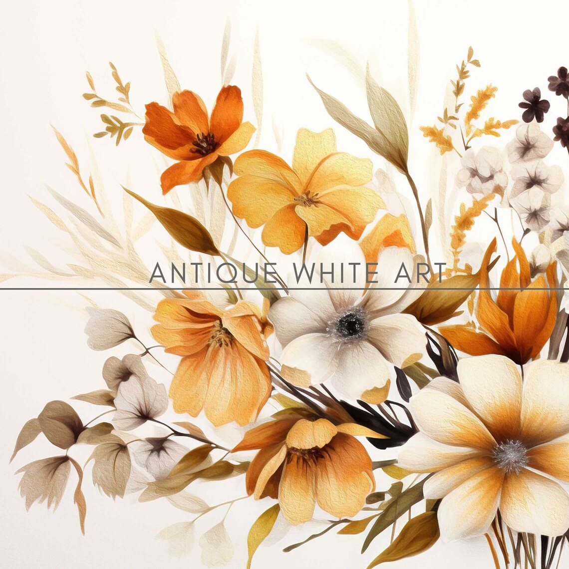 Autumn Wildflower Bouquet Orange Cream Vintage Floral Wall Art Poster - Image 4