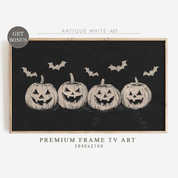 Jack O Lanterns Sketch Black Background Bats Halloween Frame Tv Art Poster