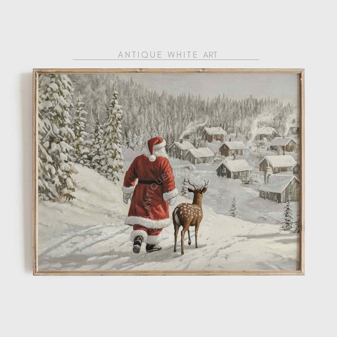 Santa Claus Walking With Reindeer Through Snowy Village Poster