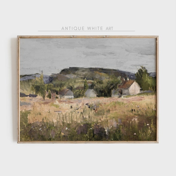 Rustic Oil Painting Vintage Country Scenery Print Earthy Tones Landscape Antique Field Wall Art A126