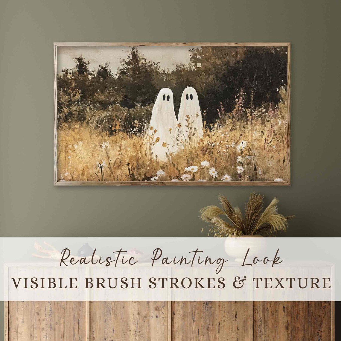 Two Ghosts Standing In Golden Wildflower Meadow Vintage Fall Halloween Poster - Image 4