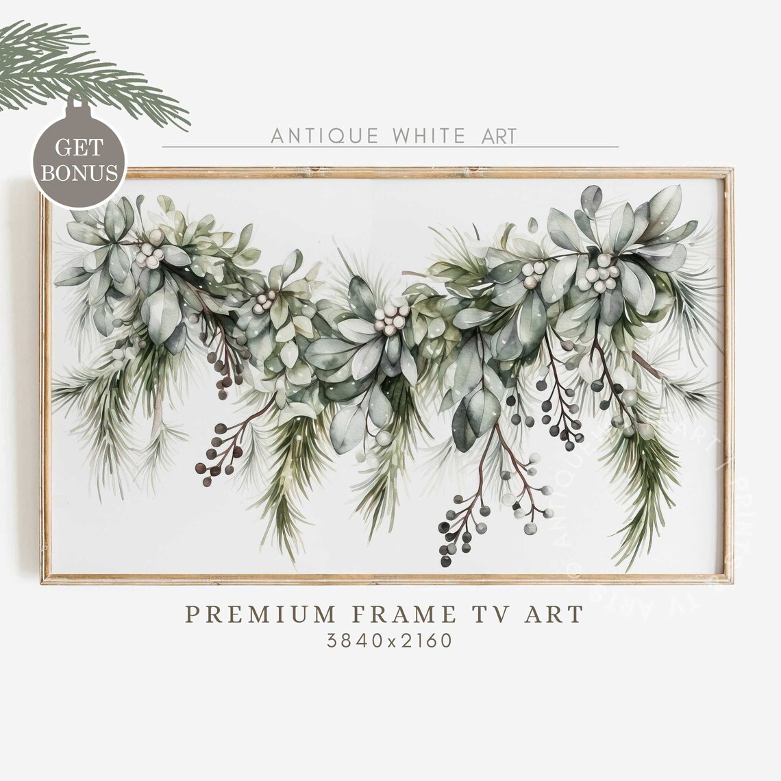 Watercolor Christmas Greenery Garland Eucalyptus Berries Holiday Print