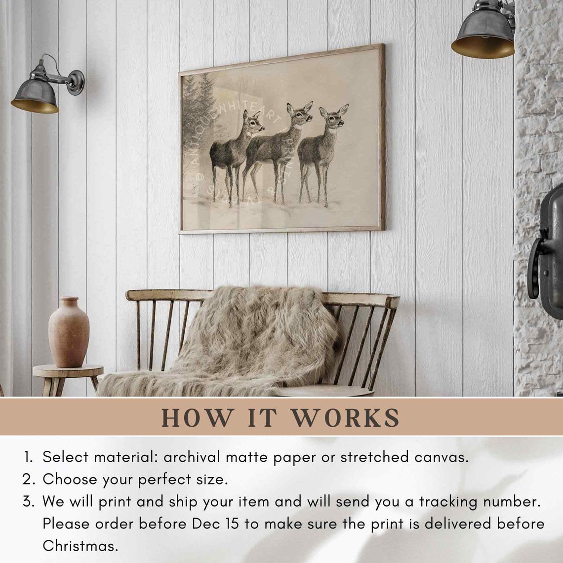 Three Deer In Winter Woods Sepia Sketch Rustic Wall Art Print - Image 3