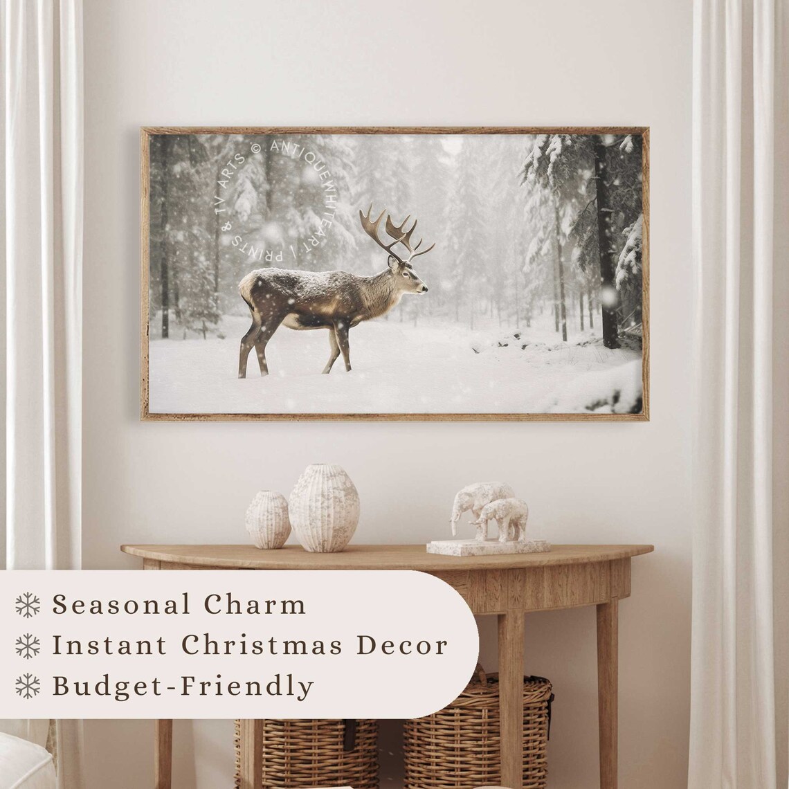 Deer in Snowy Winter Landscape Christmas Art Print - Image 4