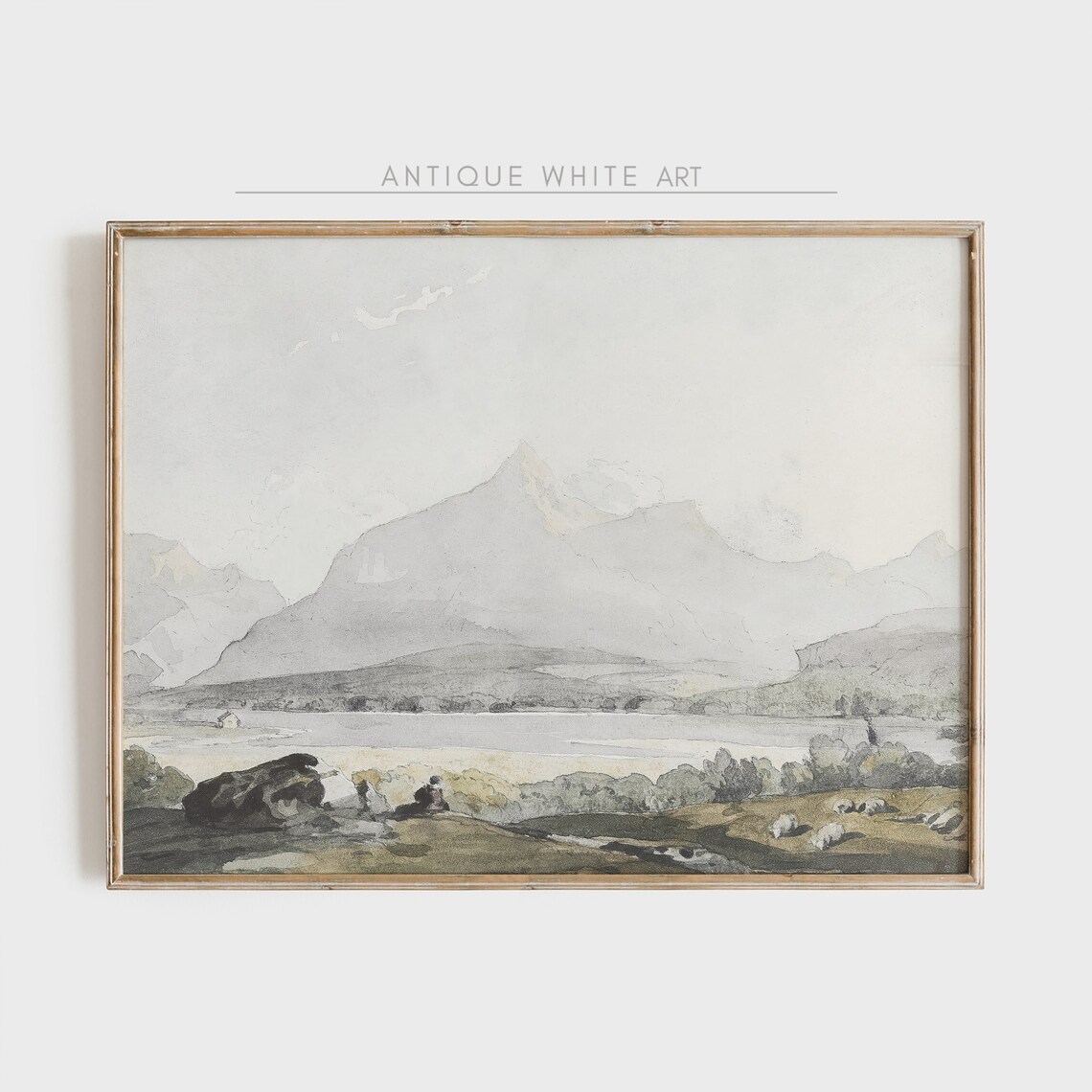 Vintage Mountain Art Print, Neutral Minimalist Landscape