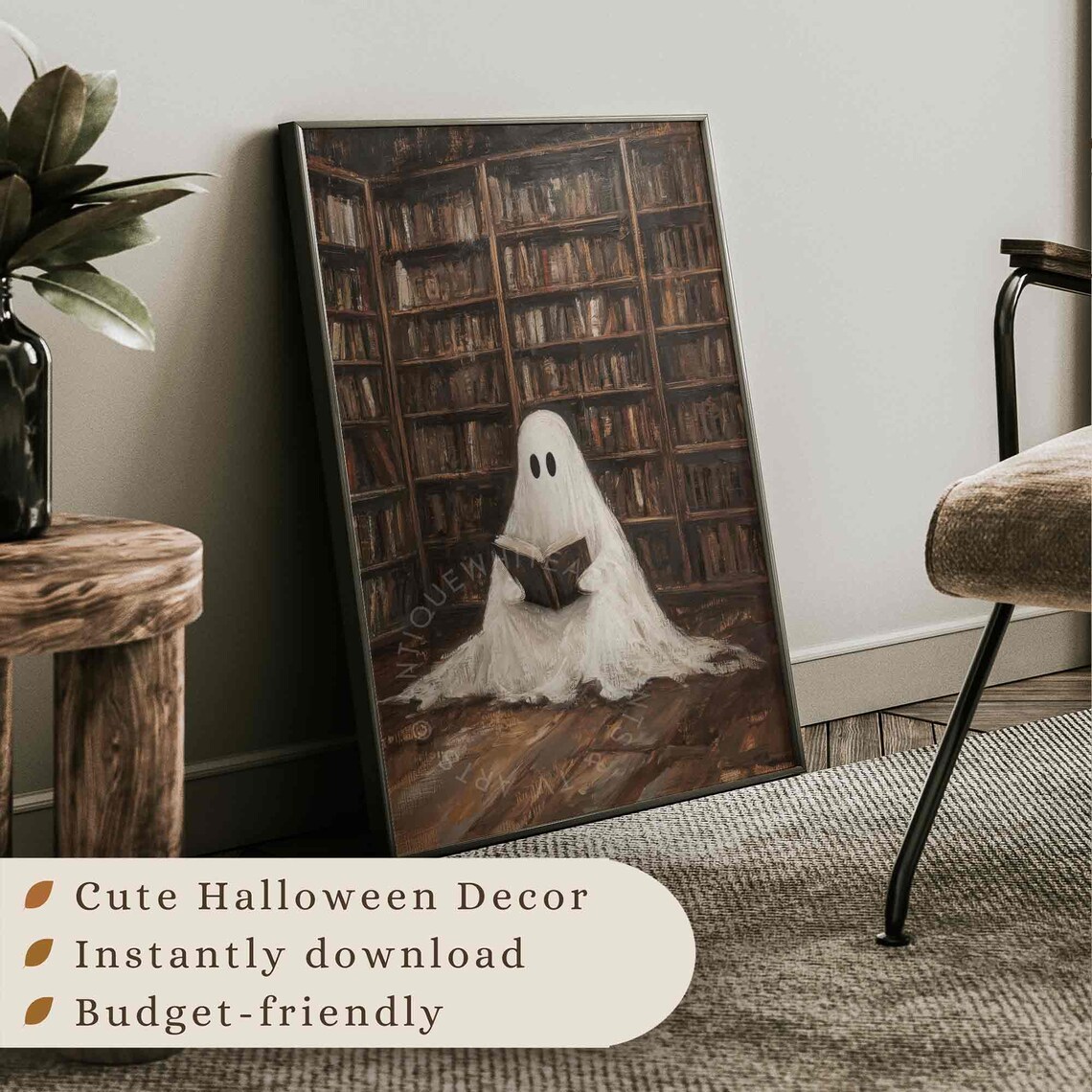 Cute Ghost Reading Book Vintage Library Dark Academia Halloween Art Poster - Image 2