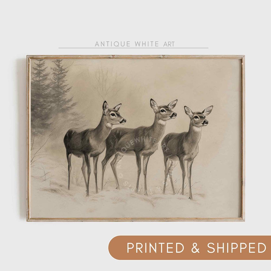 Three Deer In Winter Woods Sepia Sketch Rustic Wall Art Print