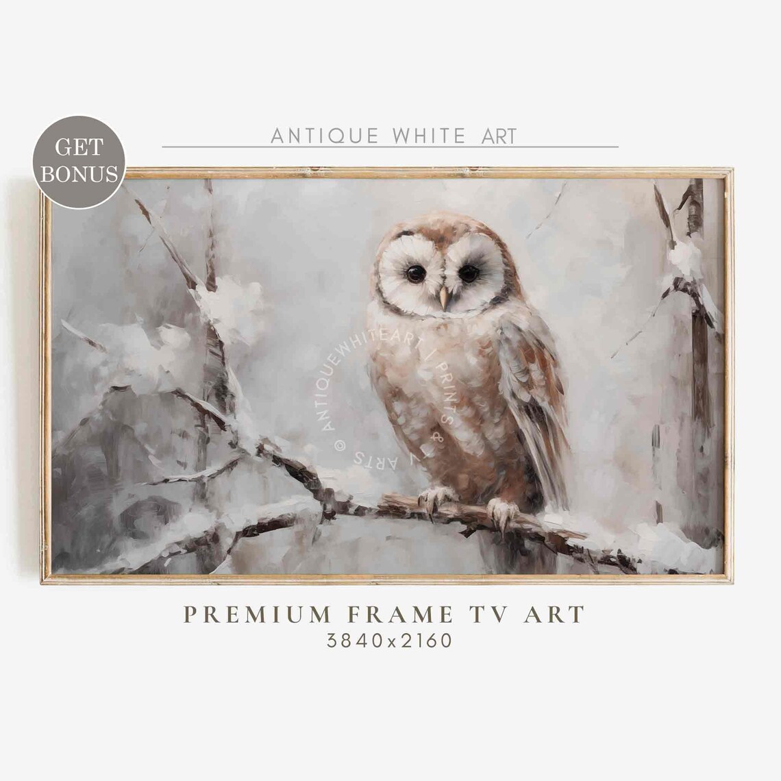 Farmhouse Owl in Winter Painting, Vintage Winter Art