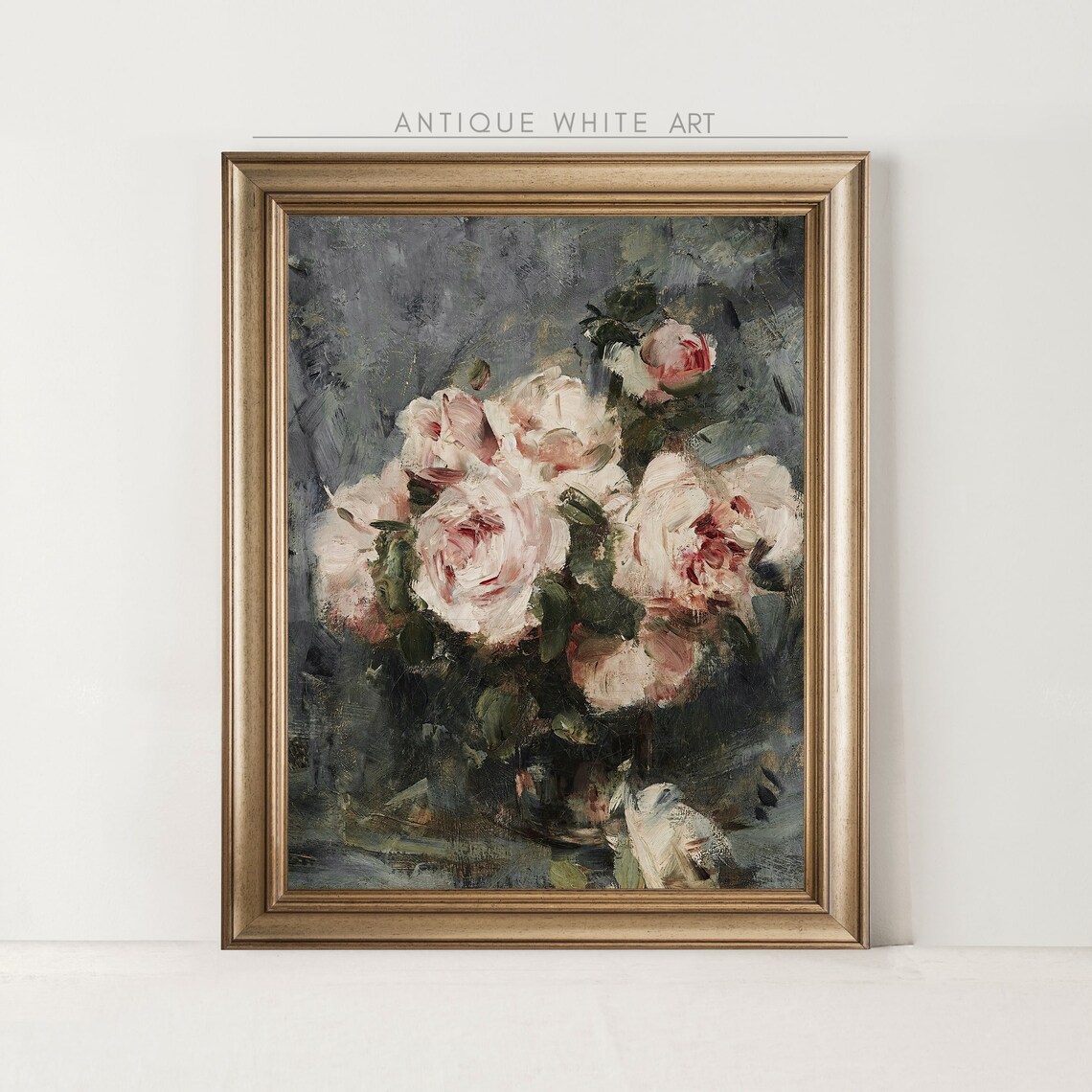 Moody Pink Roses Still Life Dark Academia Botanical Painting Wall Art