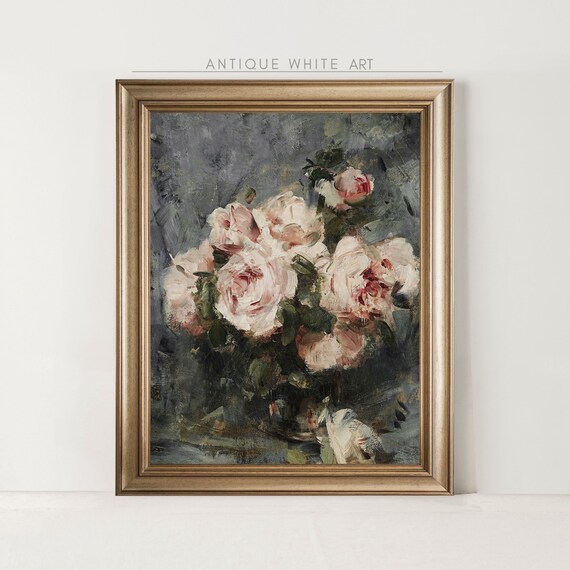 Rose Flowers Vintage Painting Moody Roses Still Life Dark Academia Botanical Wall Art Victorian Pink Roses Downoad A130
