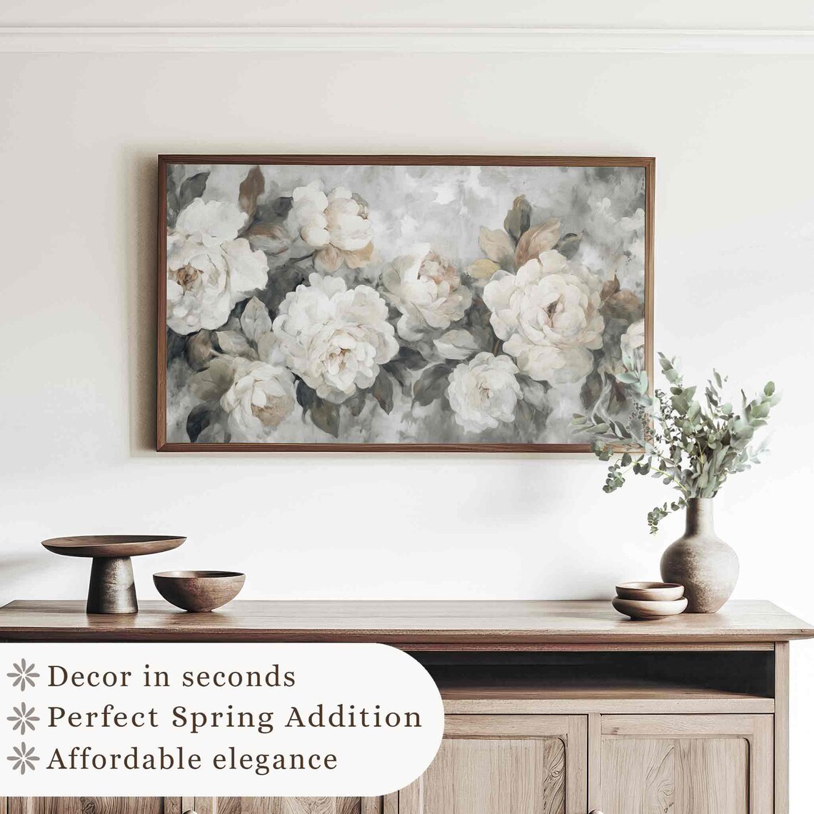 White Peony Garland Grey Wash Vintage Botanical Floral Wall Art Print - Image 3