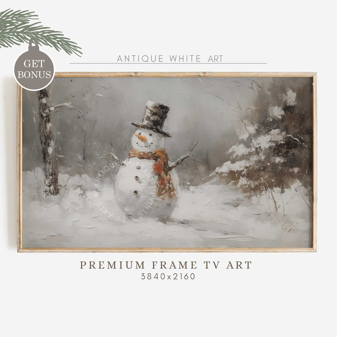 Snowman Vintage Christmas Painting, Cottagecore Decor