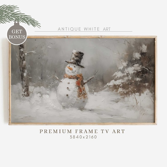 Snowman Vintage Christmas Painting, Cottagecore Decor