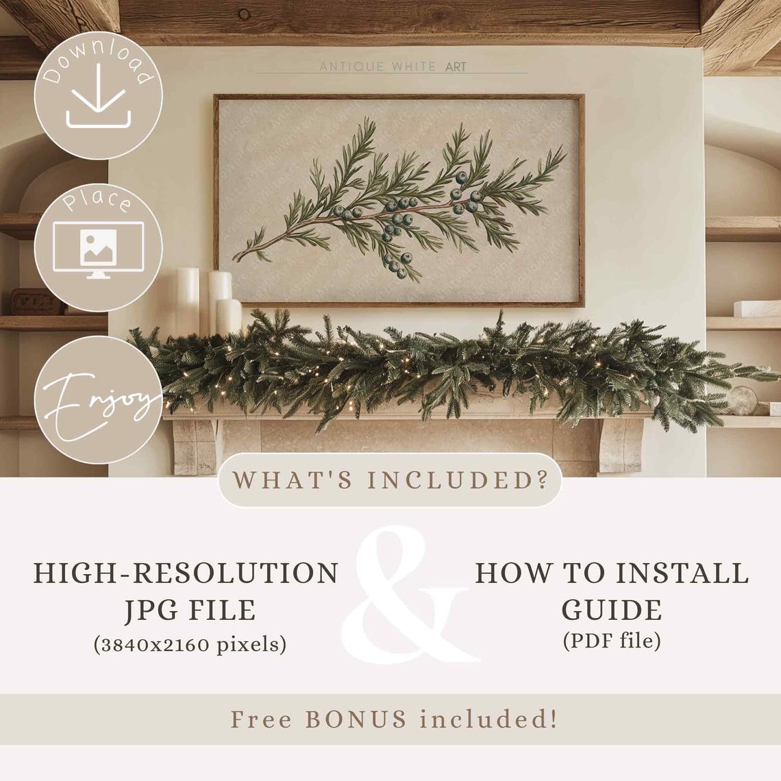 Juniper Branch With Blue Berries Vintage Botanical TV Wall Art - Image 3