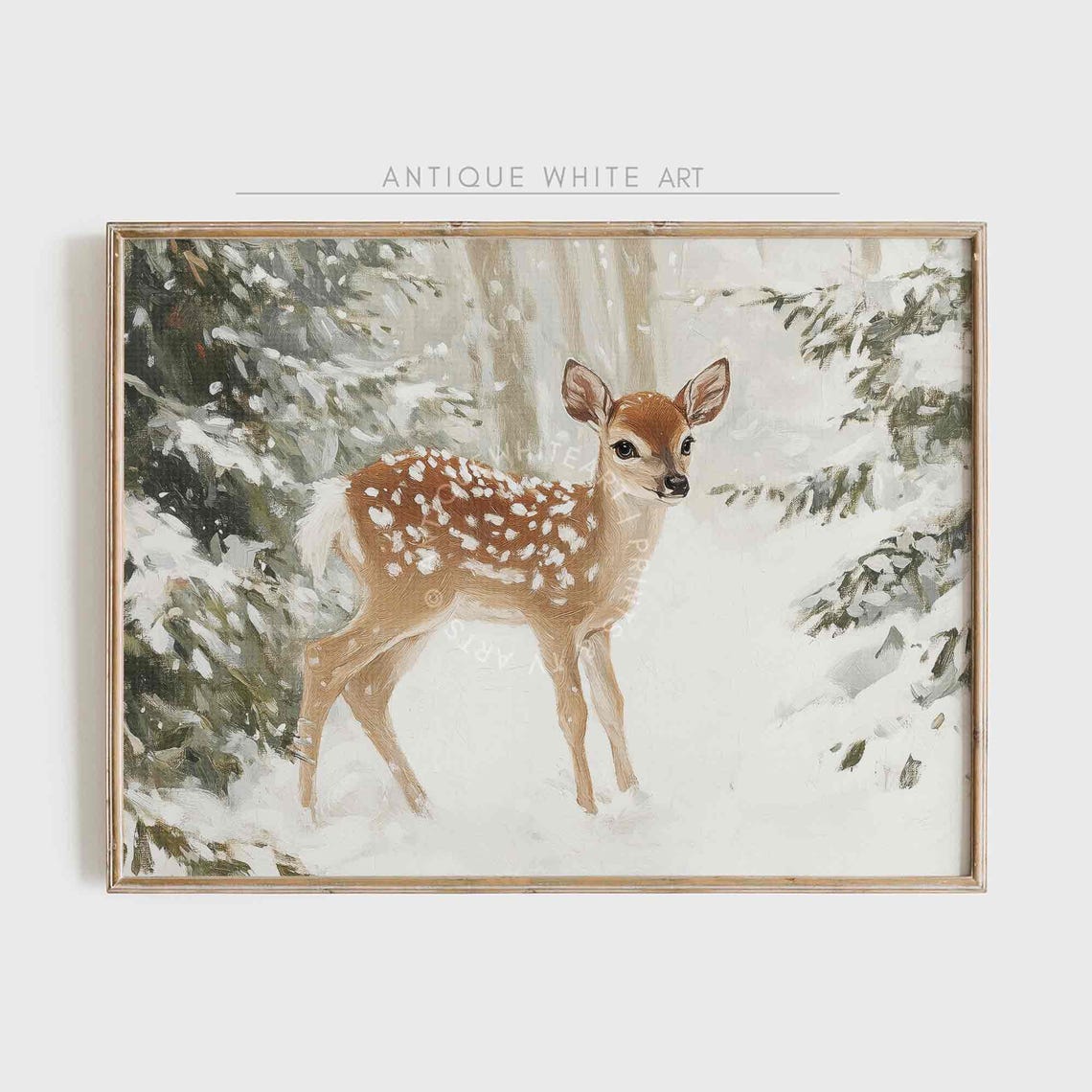 Christmas Print Winter Baby Deer Wall Art Vintage Farmhouse Reineer In Winter Landscape Winter Painting W129