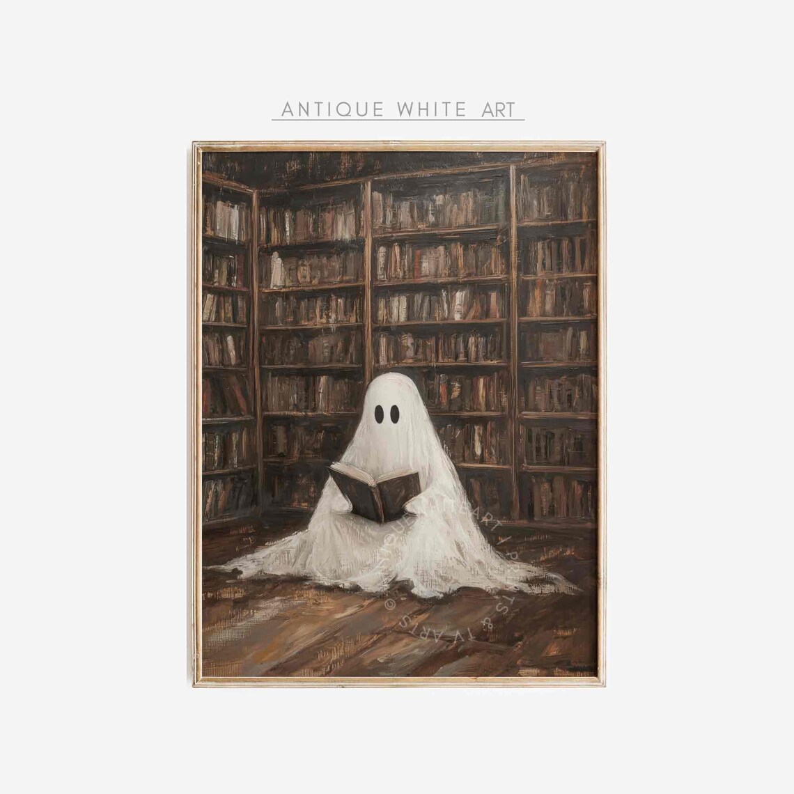 Cute Ghost Reading Book Vintage Library Dark Academia Halloween Art Poster
