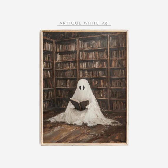 Cute Ghost Reading Book Vintage Library Dark Academia Halloween Art Poster