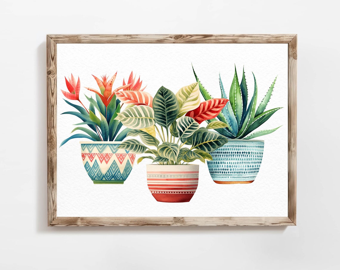 Boho Watercolor Potted Plants in Patterned Ceramic Pots Wall Poster