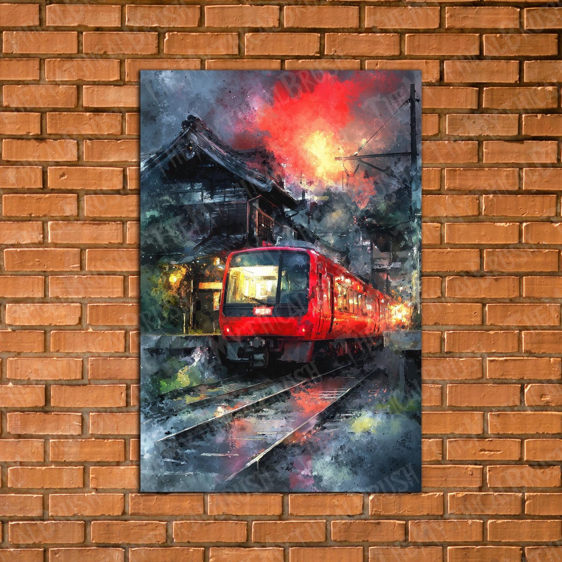 Red Japanese Train At Station Dramatic Night Watercolor Poster