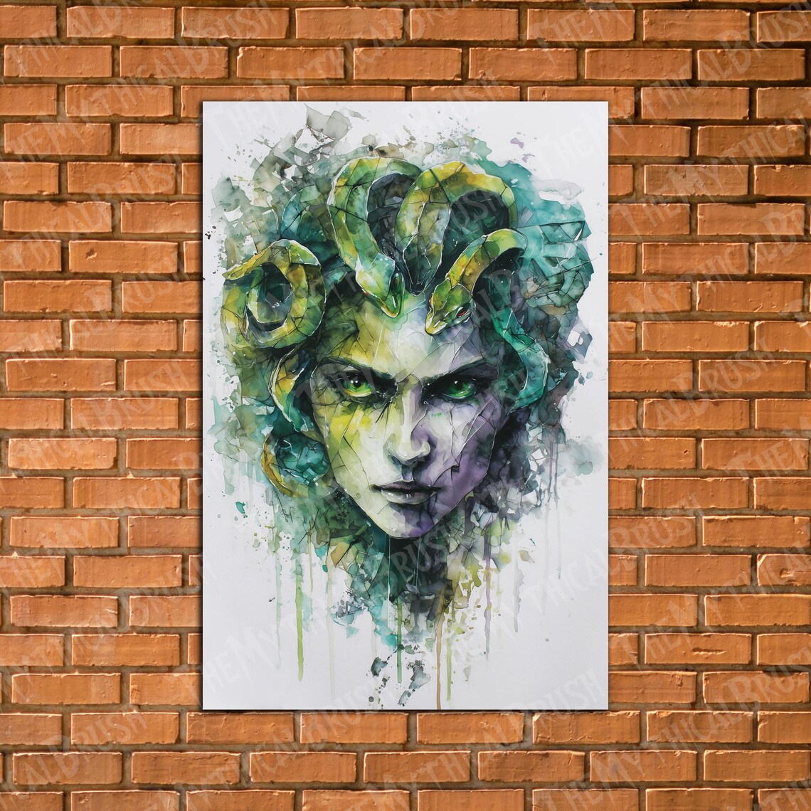 Medusa Gorgon Green Watercolor Snake Hair Mythology Art Poster