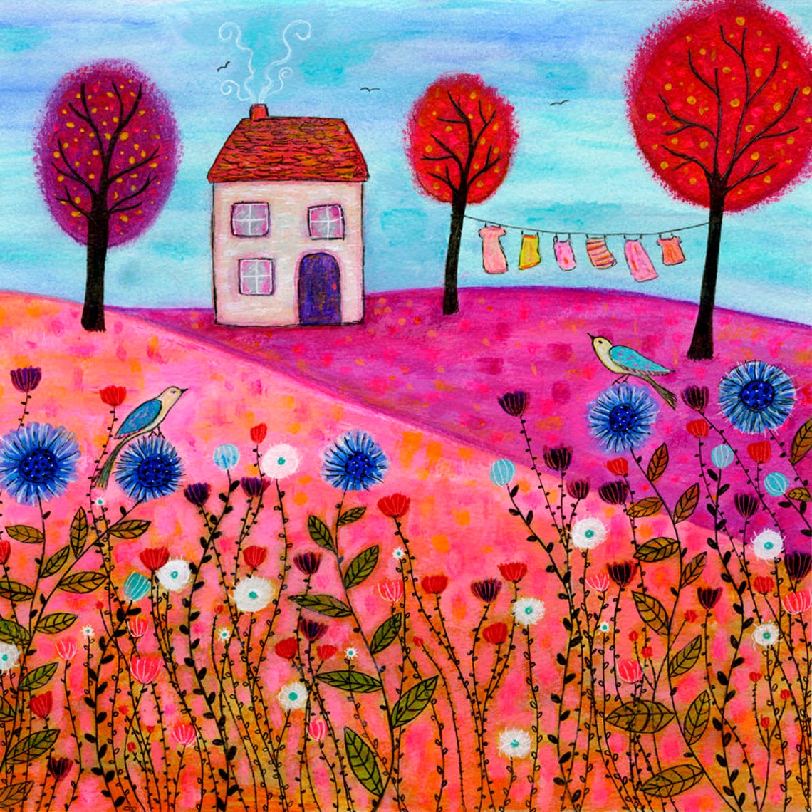 Whimsical Cottage on Pink Hills with Wildflower Meadow Poster