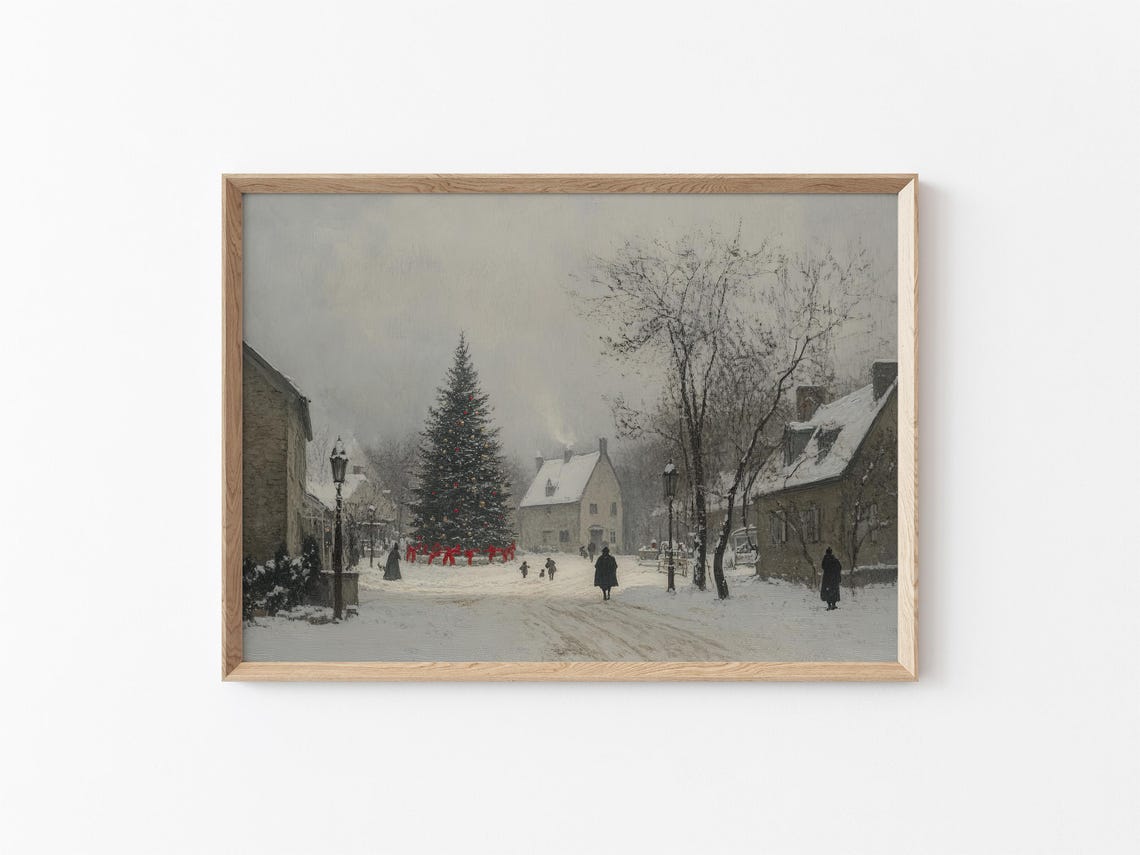 Christmas Tree In Snowy Village Square Vintage Holiday Winter Poster