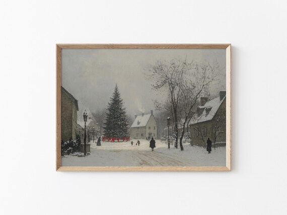 Moody Snowy Christmas Village Print 19th Century Holiday Scene Rustic Winter Wall Art Retro Vintage Inspired Wall Art