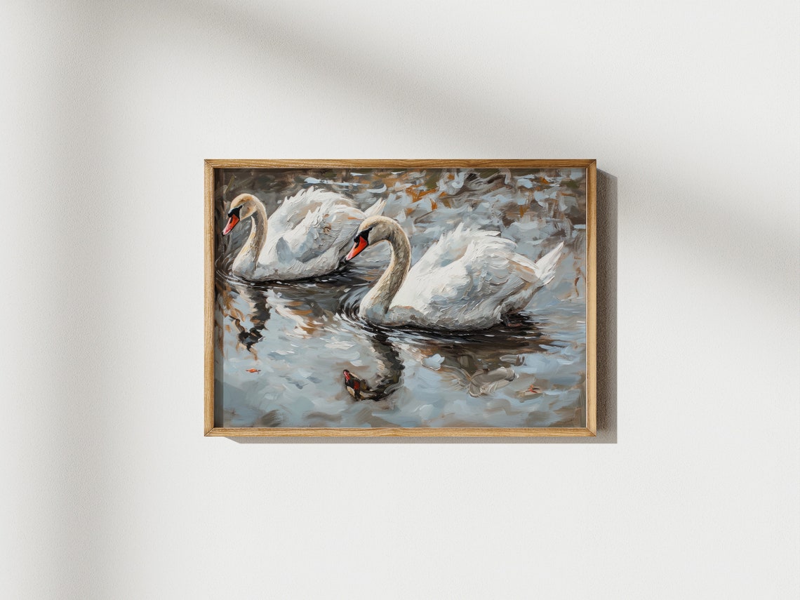 Vintage White Swans Painting Lake House Wall Decor Vintage Animal Print Country House Wall Decor Painting Lake Animals Print - Image 2