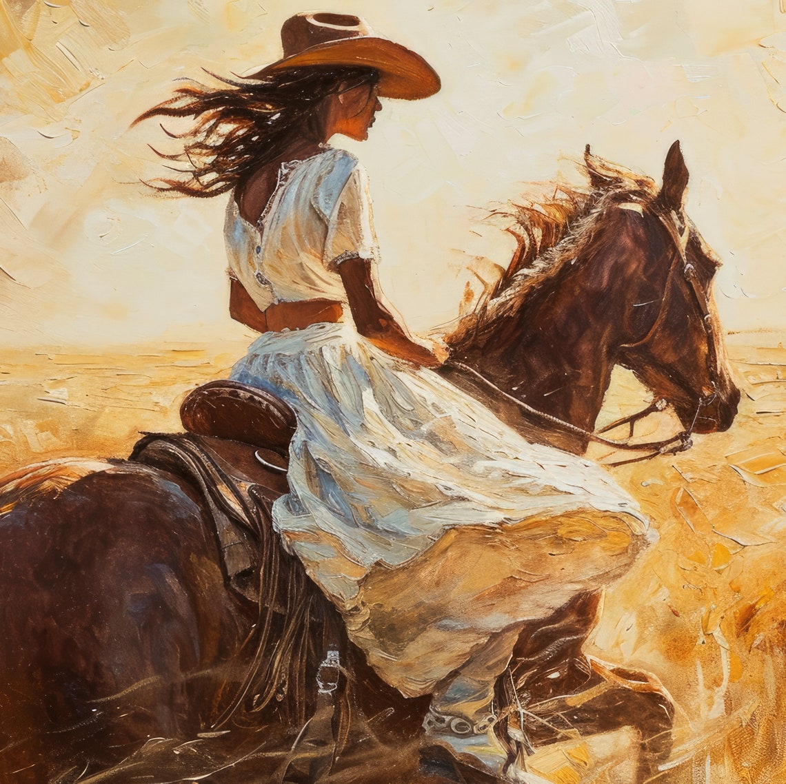 Cowgirls Horse Ride Painting Rustic Southwestern Art Woman Feminine Wall Decor Western Field Horse Ride Painting - Image 4