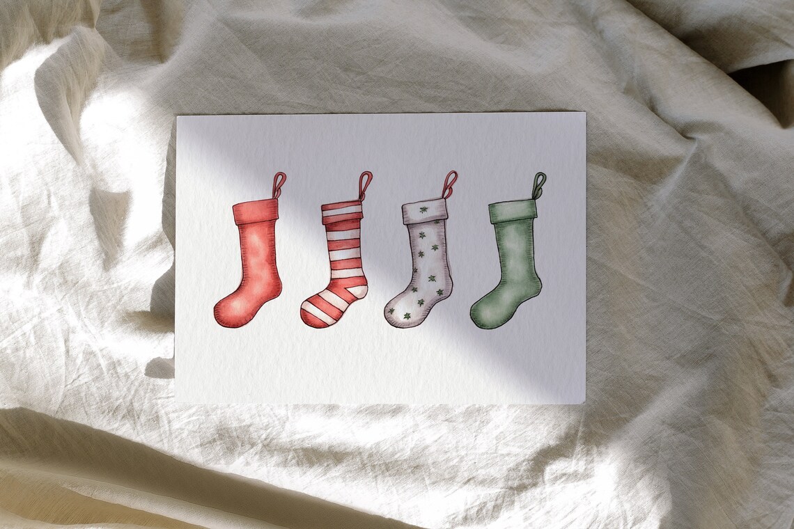 Christmas Stockings Watercolor Red Green Minimal Holiday Poster - Image 3