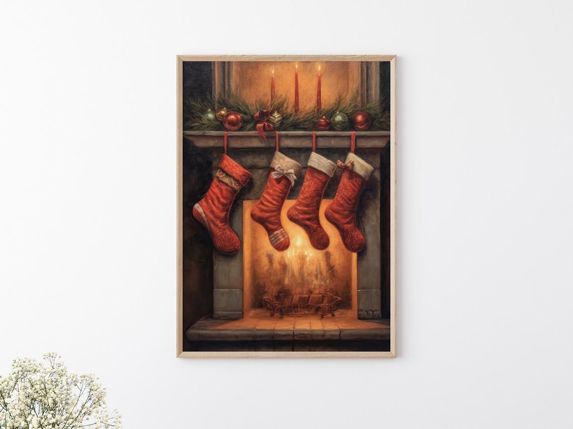 Red Christmas Stockings Hanging On A Glowing Fireplace Mantel Poster