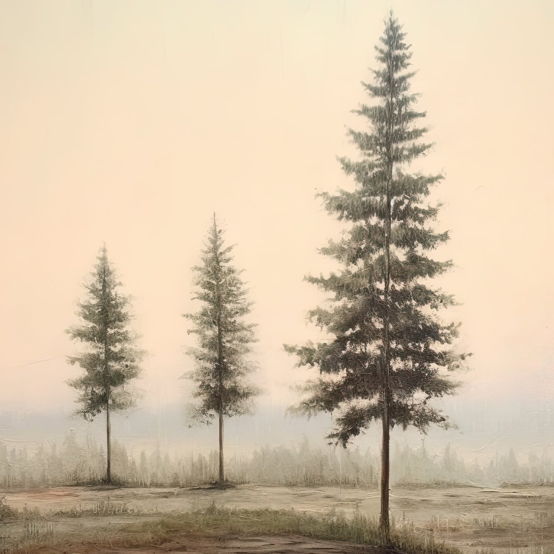 Misty Pine Trees Minimal Forest Foggy Dawn Landscape Wall Art - Image 2