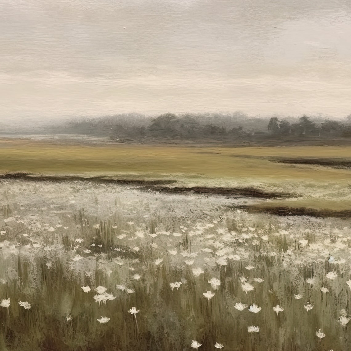 White Wildflower Meadow Grey Sky Soft Spring Vintage Landscape Poster - Image 3