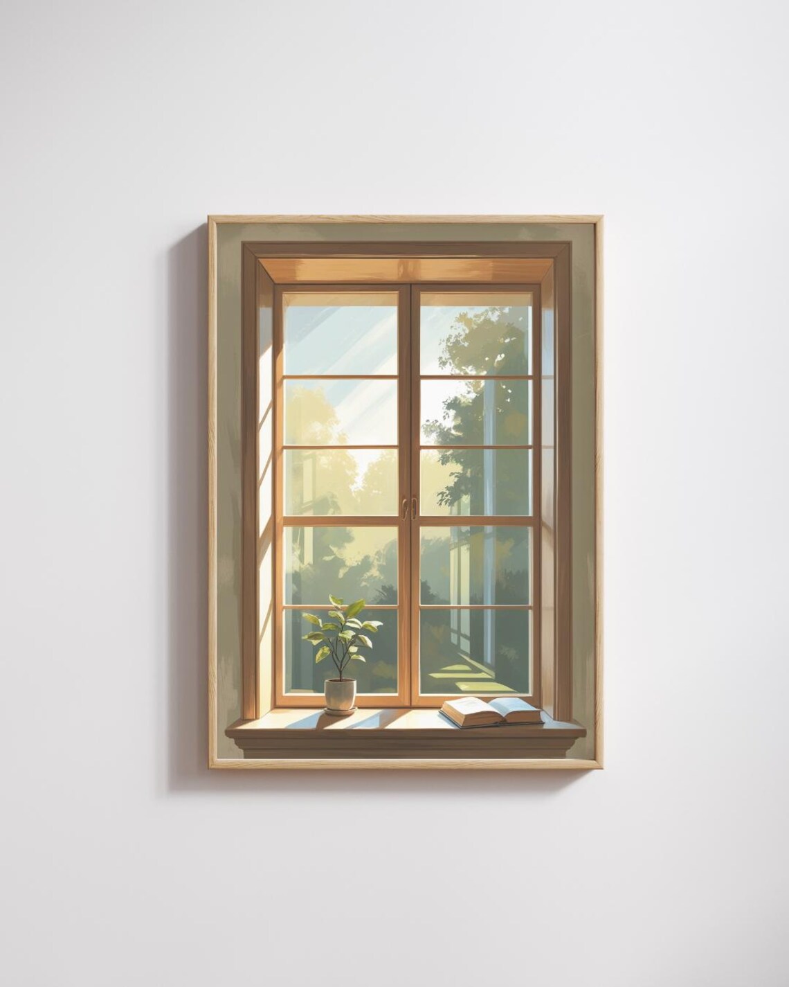 Sunlit Window Open Book Plant Serene Morning Reading Illustration Poster