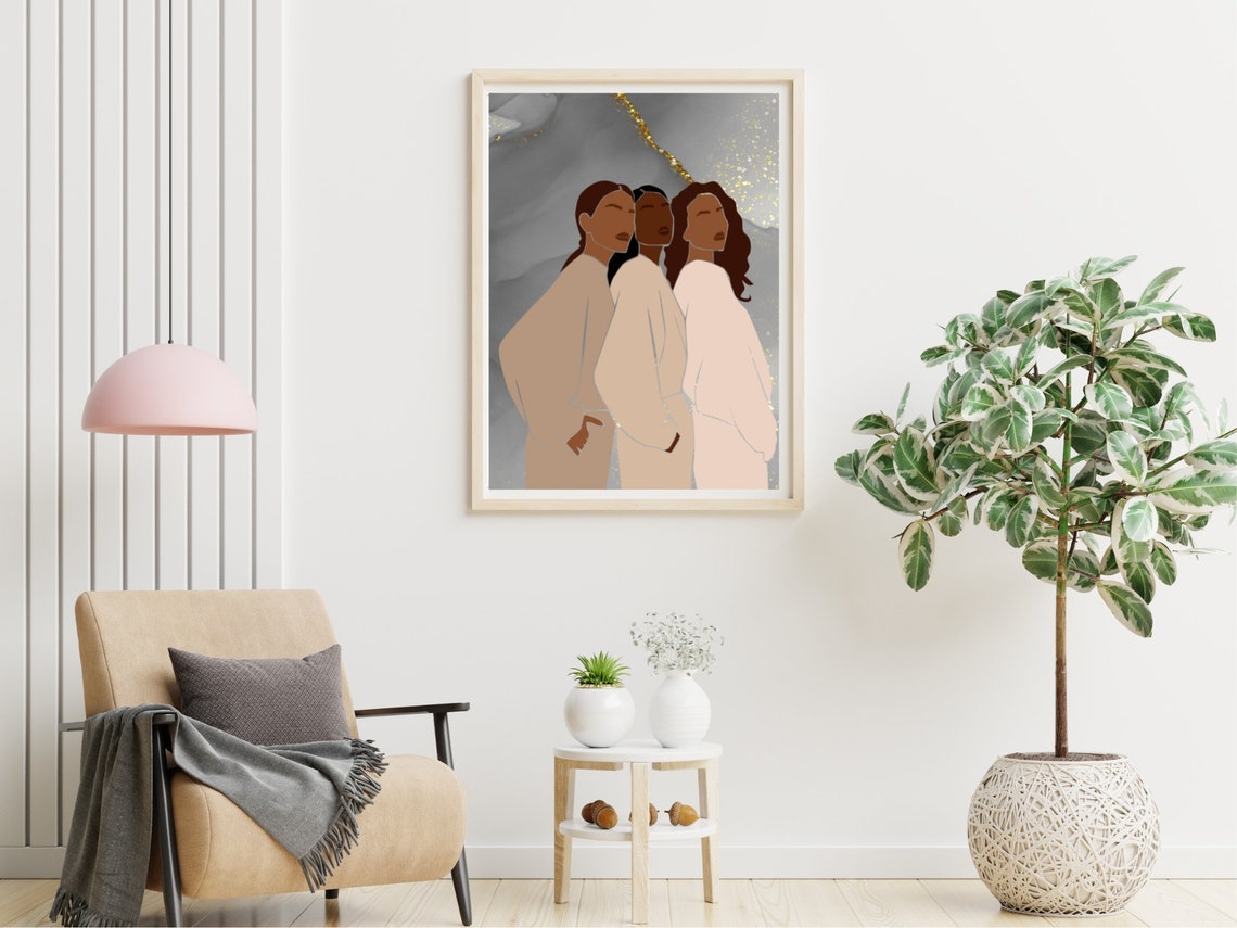 Three Women Unity Sisterhood Cream Grey Marble Gold Art Poster - Image 4