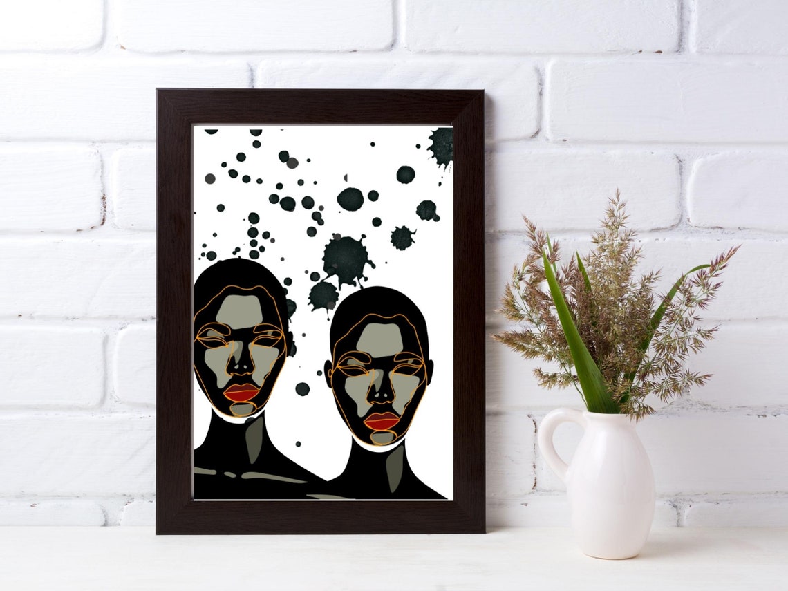 Two Faces Line Art Black Ink Splatter Minimalist Duo Art Poster