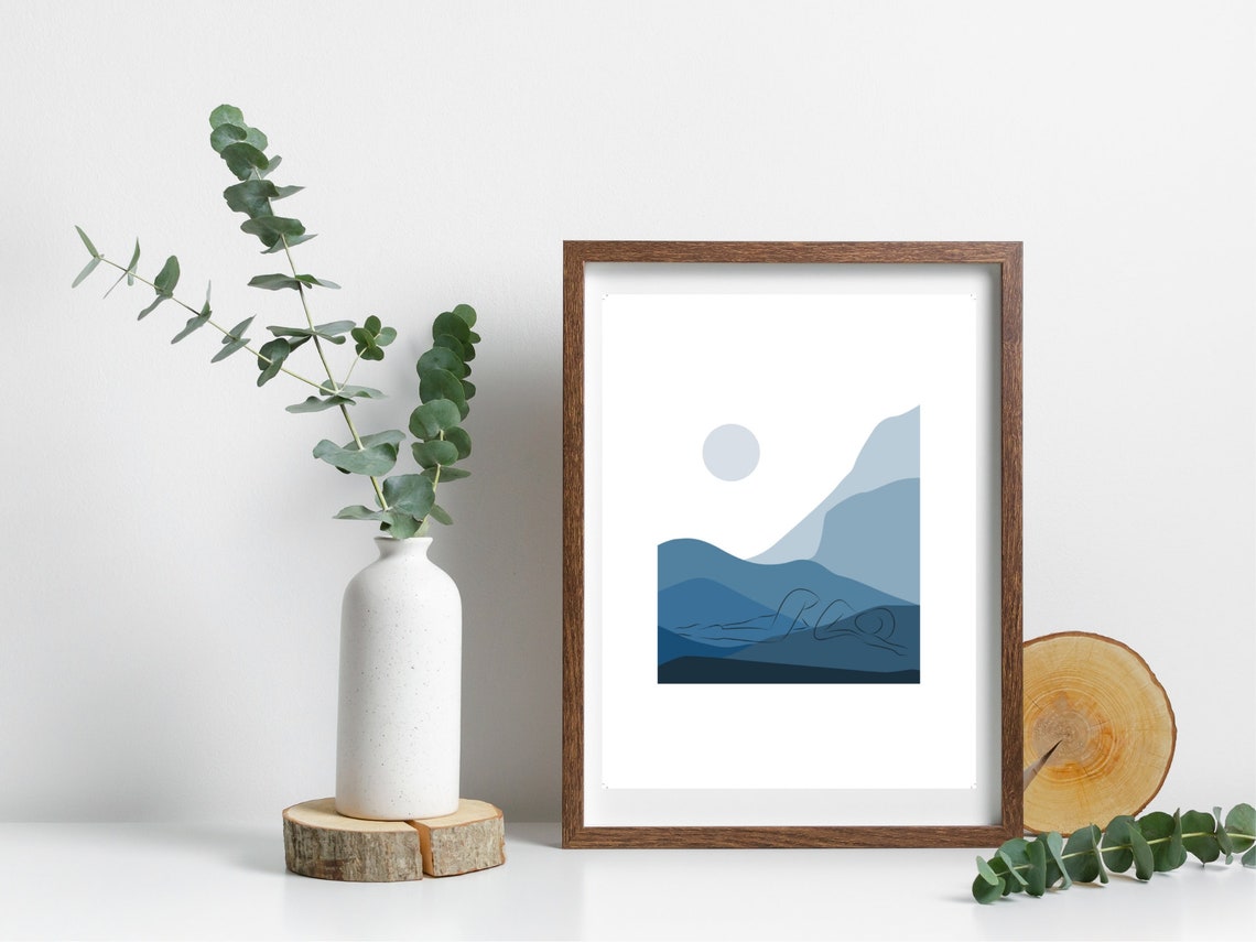 Reclining Woman Line Art Blue Mountains Moon Minimalist Boho Poster - Image 4