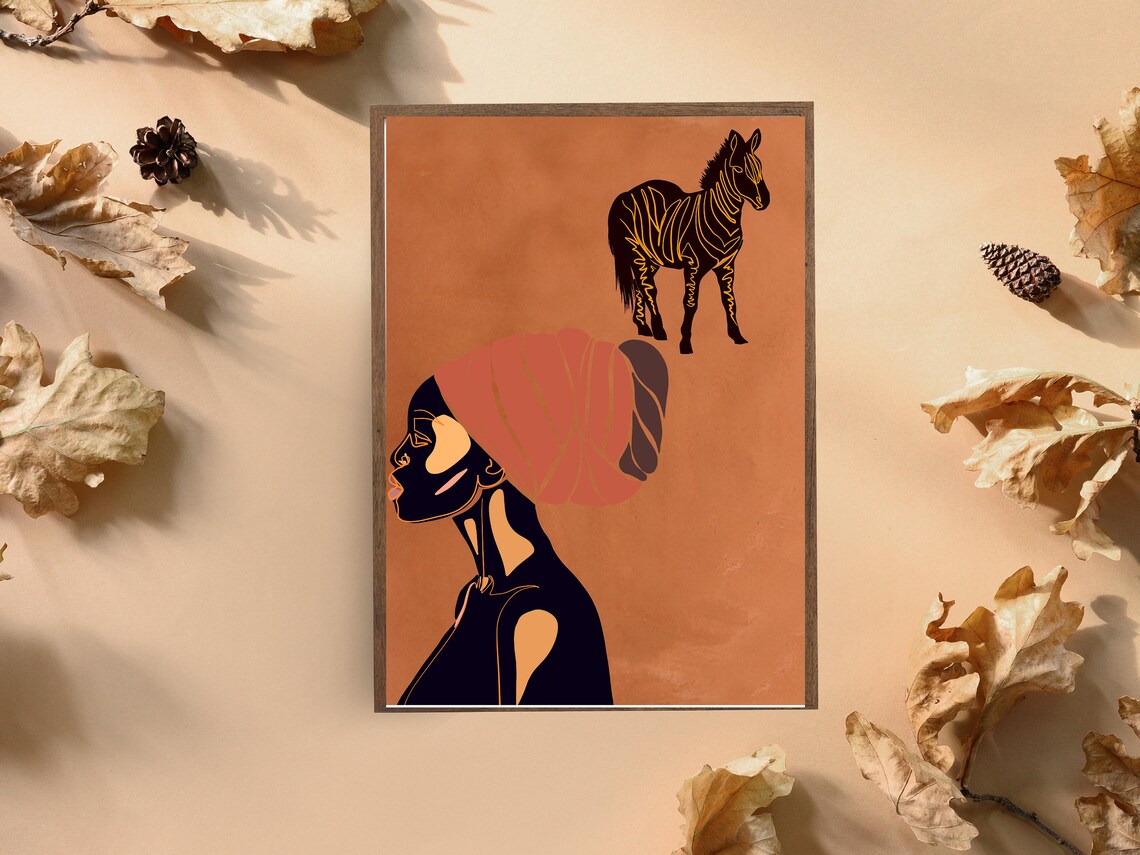 African Woman Headwrap Profile Zebra Terracotta Boho Art Poster - Image 4
