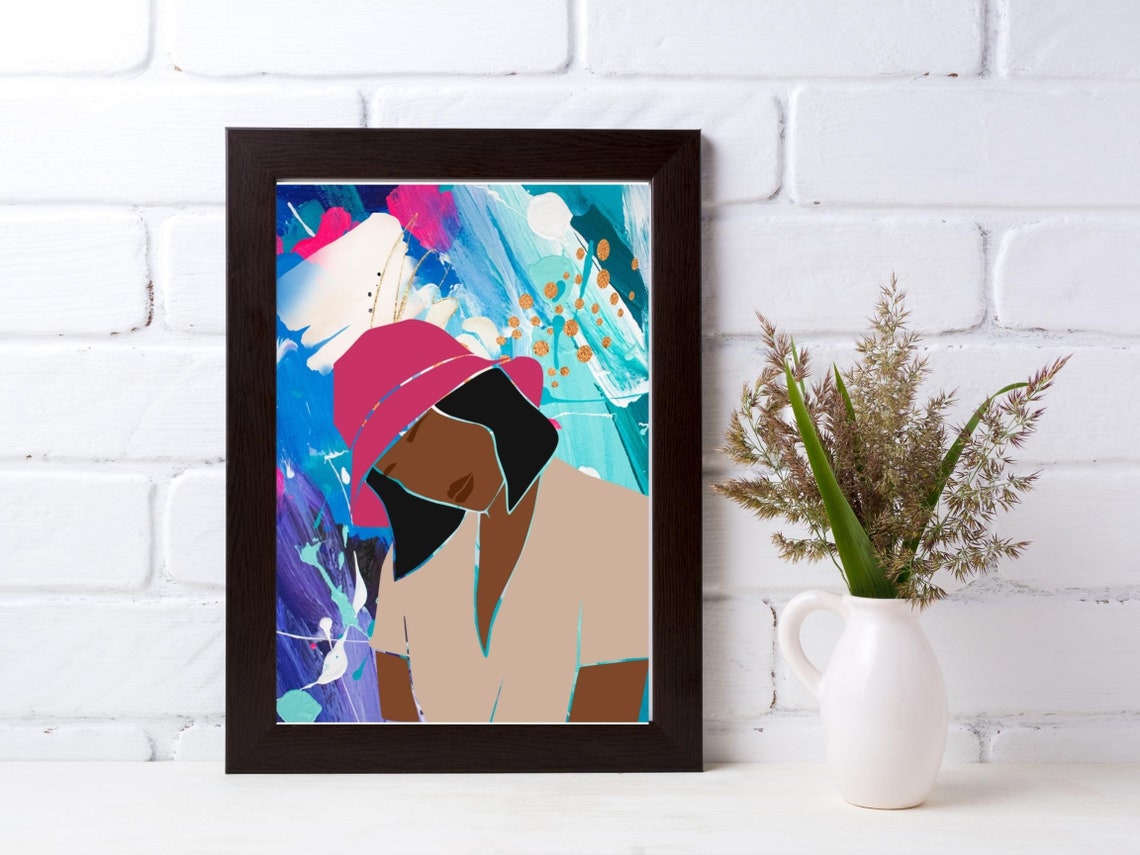 Pink Hat Woman Blue Abstract Splashes Colorful Portrait Art Poster