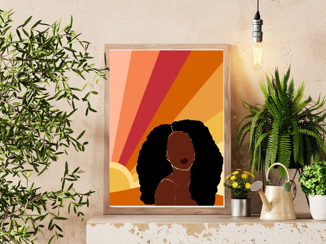 Faceless Afro Woman Warm Retro Sunset Rays Silhouette Art Print - Image 2